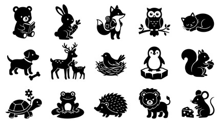charming black and white vector graphic illustration collection featuring adorable forest and woodland animal characters in various poses and activities © Vectscape