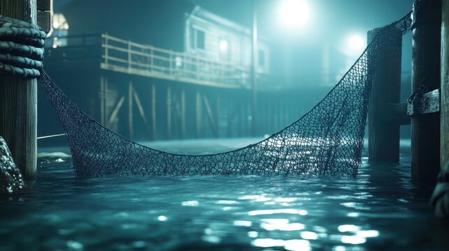 Discarded fishing nets float in murky harbor water near a weathered dock at night, capturing a poignant scene of marine pollution.