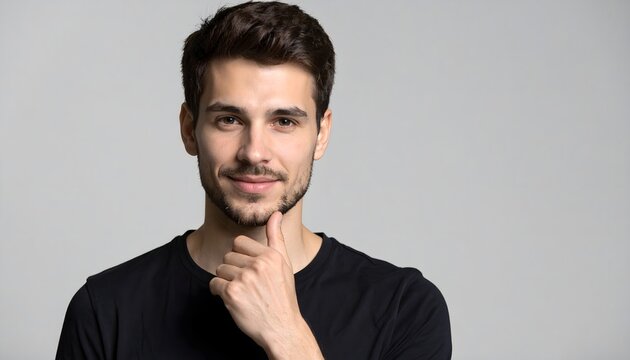 Retrato de hombre joven sonriente con camiseta negra sobre fondo gris claro y gesto pensativo