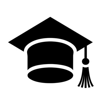 Graduation cap icon in black silhouette, academic mortarboard symbol for education, minimalist university commencement hat graphic on white background