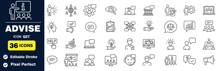 Advise icon set consulting, business strategy, training, and support line icons © PrimeVisuals