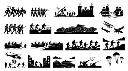 Obraz premium This comprehensive vector illustration graphic showcases diverse military units, vehicles, and battle scenes representing the historical evolution of warfare over time.
