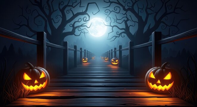 Spooky halloween pathway with jack o' lanterns and eerie glowing light