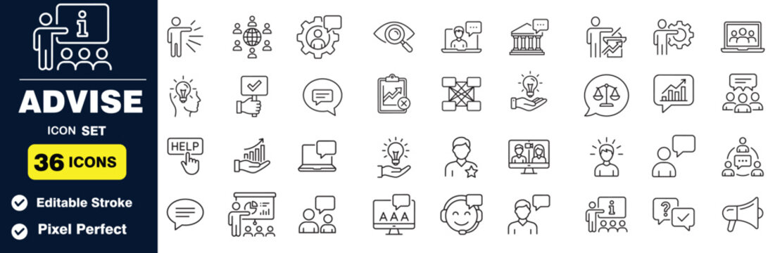 Advise icon set consulting, business strategy, training, and support line icons