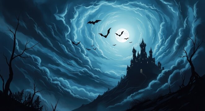 Haunted castle under a stormy night sky with flying bats