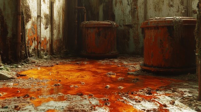 Industrial Waste Site With Rusting Barrels and Chemical Spills Showing Detailed Textures Under Soft Light