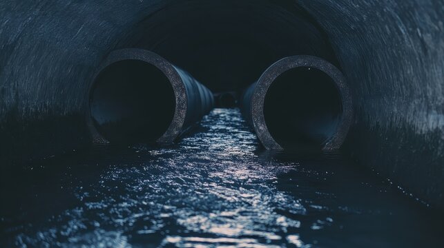 Industrial wastewater leaking from concrete pipes into a murky river, wide angle environmental pollution scene