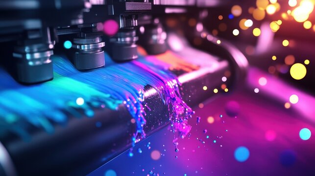 Dynamic Inkjet Printing Process Showcasing Vibrant Color Splashes and Fluid Motion Under Studio Light