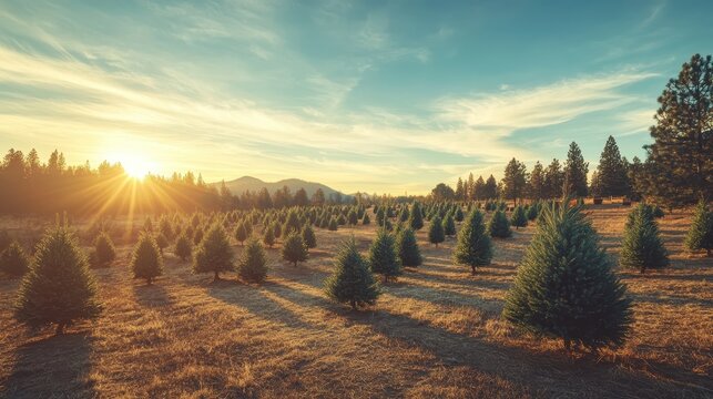 Expansive Christmas Tree Farm Bathed in Golden Sunset Light, Ready for Holiday Harvest