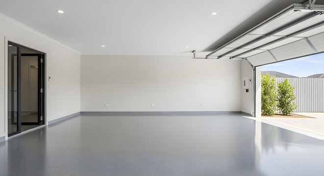modern empty garage with epoxy floor | residential garage interior with open automatic door | clean luxury home garage showroom design | spacious two car garage with glossy grey flooring