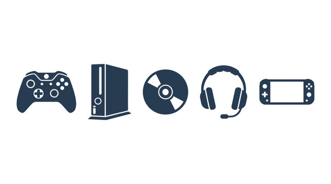 Video Game Icons: Console, Controller, CD, Headphones, Handheld