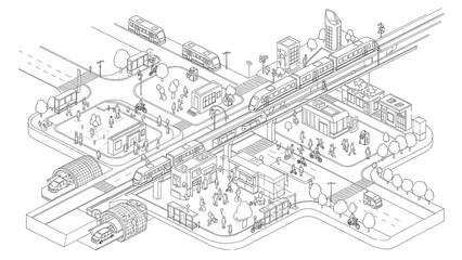 Fototapeta premium Isometric Smart City Transportation Infrastructure System – Pedestrian Crossings and Mobility Network CAD Blueprint Illustration