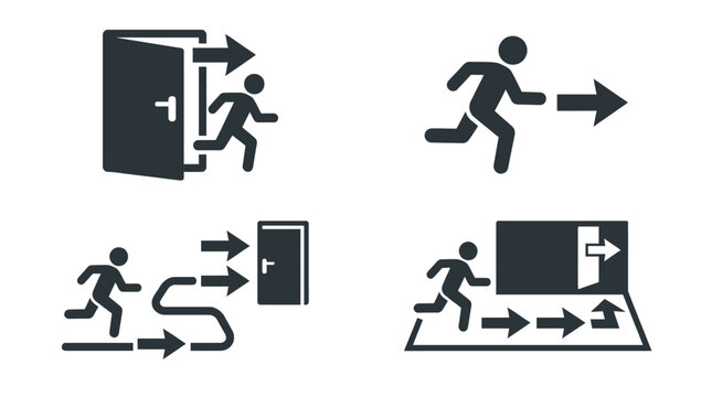 Running Man Exit Signs and Arrows, Emergency Evacuation Icons Set