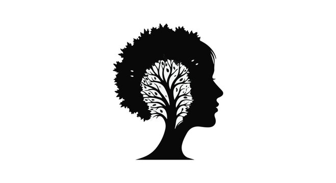 Woman silhouette profile features a tree growing from within her mind.