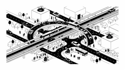 Obraz premium Isometric Smart City Transportation Infrastructure System – CAD Architectural Blueprint with Human Silhouette Figures and Urban Mobility Network