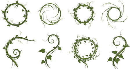 Decorative Green Vines and Leafy Swirls in Various Shapes and Forms, Perfect for Nature and Botanical Design Projects © MstLaky