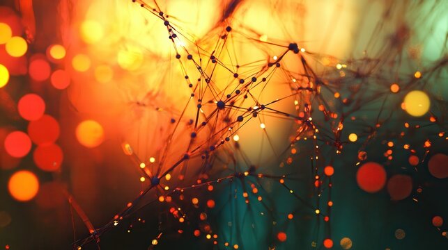 Intricate neural network of glowing nodes and lines in vibrant, abstract technological setting
