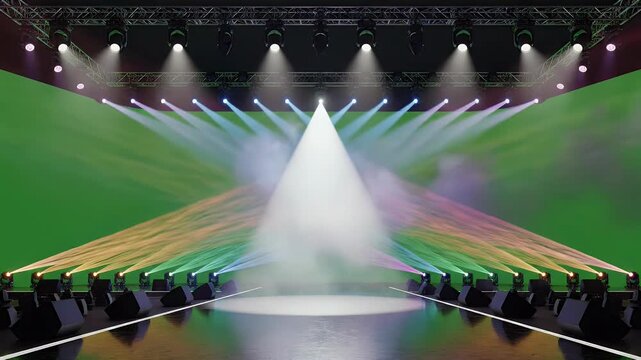 A vibrant stage setup features a bright spotlight illuminating a green screen backdrop, surrounded by colorful stage lighting and audio equipment, creating a dynamic and versatile environment.