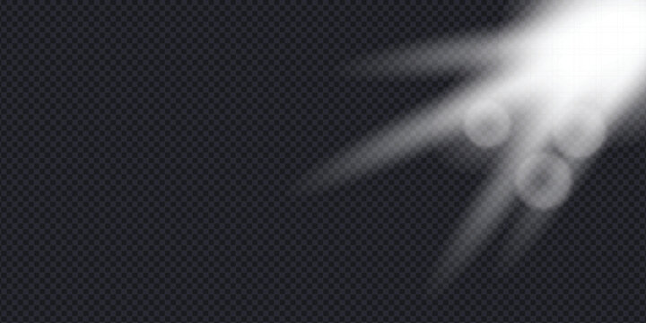 Realistic white lens flare with sunlight beams. Isolated vector illustration of bright light rays and soft bokeh circles on dark transparent background for creative overlay effects.