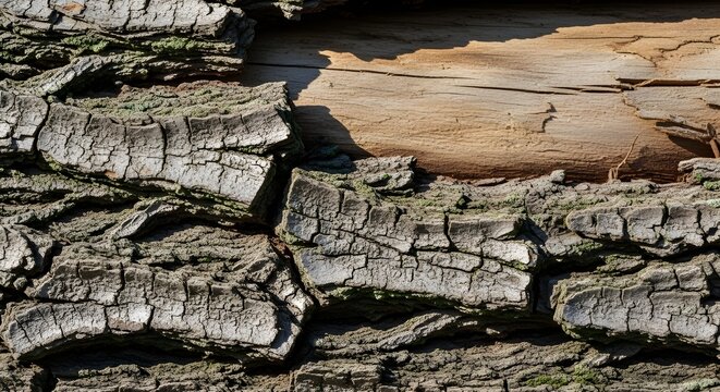 Close-up view of weathered tree bark with deep cracks and green moss partially peeled away revealing smooth light wood underneath in natural sunlight