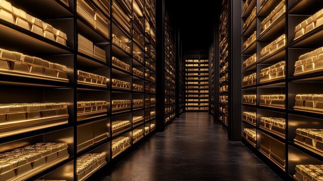 Immaculate rows of gleaming gold bars stored securely within a high-contrast bank vault, illuminated by dramatic lighting.