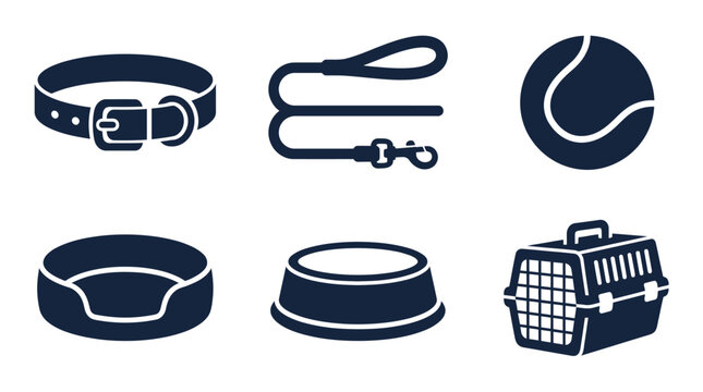 Dog Accessories Set: Collar, Leash, Ball, Bed, Bowl, and Carrier Icons