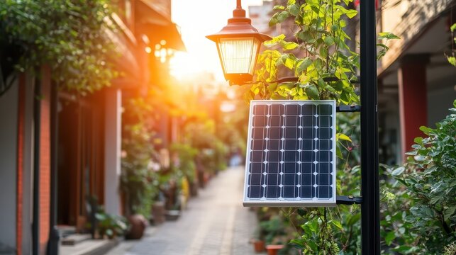 Solar powered street lamp with photovoltaic panel attached, illuminating an outdoor pathway with lush greenery and warm sunlight.