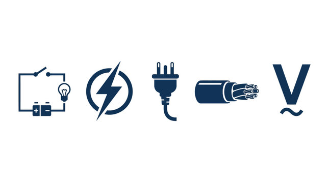 Electricity Icons: Switch, Lightning Bolt, Plug, Cable, Voltage Symbol