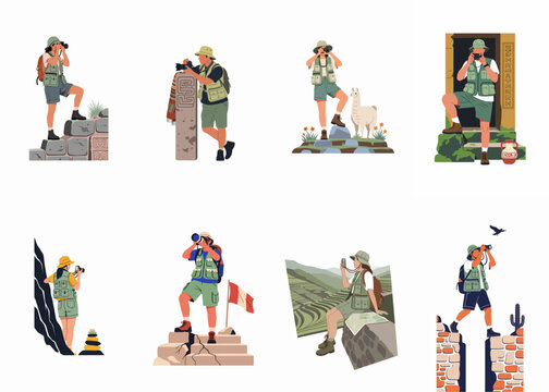 A set of flat character illustrations featuring tourists exploring and photographing ancient Peruvian ruins and scenic landscapes with professional cameras.