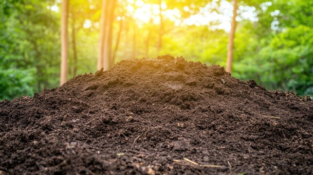 Rich, dark soil mound in a sunlit forest clearing, symbolizing organic growth and environmental health.