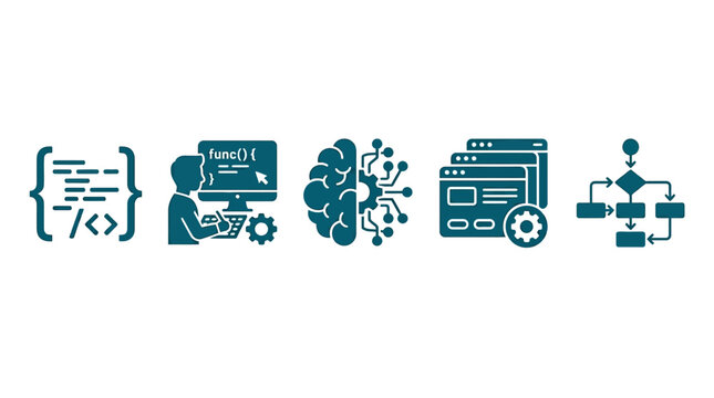 Coding, AI, Web Development, and Algorithm Icons: Digital Technology Concept
