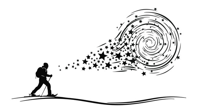 Skier trekking through a snowy landscape encounters a magical cosmic galaxy.