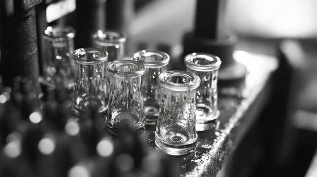 Row of Small Empty Glass Vials on Production Line Setup