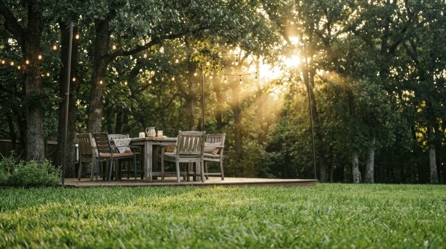 Wooden dining table setup with chairs on a backyard wooden deck during summer sunset