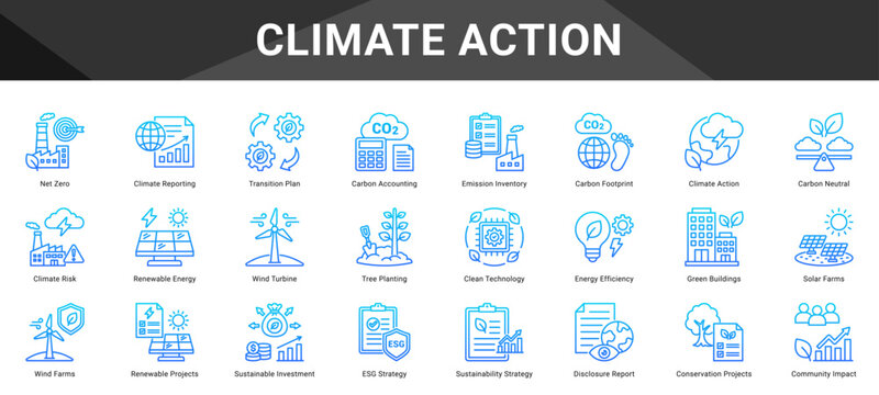 CLIMATE ACTION  Icon set collection. Vector icon pack featuring thematic icons for your presentations or business.