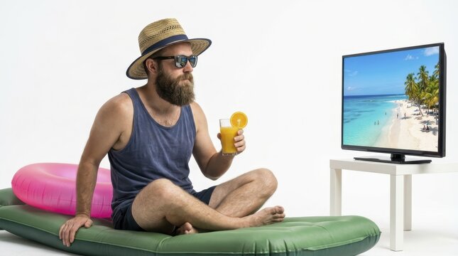Bearded man wearing sunglasses and straw hat sitting on pool float holding orange juice while watching tropical beach on television