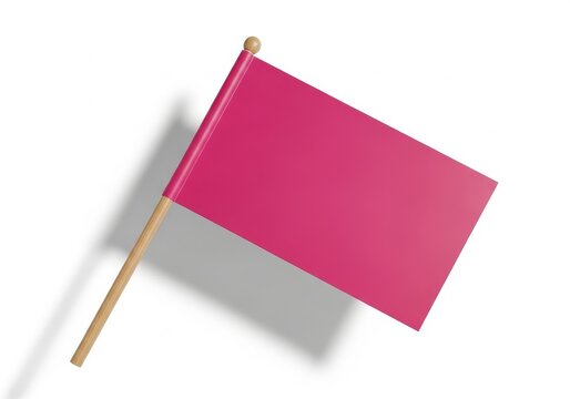 Bright pink rectangular flag waving on a wooden pole isolated on transparent background