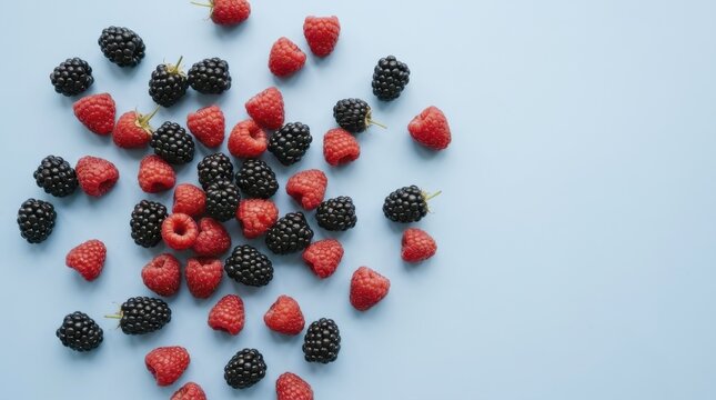 Fresh raspberries and blackberries scattered on a light blue background