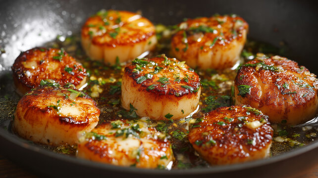 Fried scallops with butter sauce in a pan