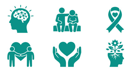 Fototapeta premium Mental Health Awareness Icons: Brain, Support, Ribbon, Heart, Care, Growth