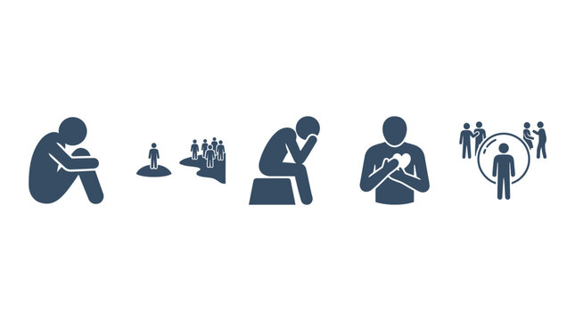 Mental health icons: loneliness, isolation, sadness, self-care, social anxiety