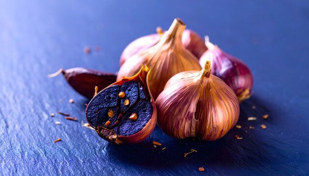 Cabezas de ajo morado sobre superficie oscura como ingrediente culinario natural