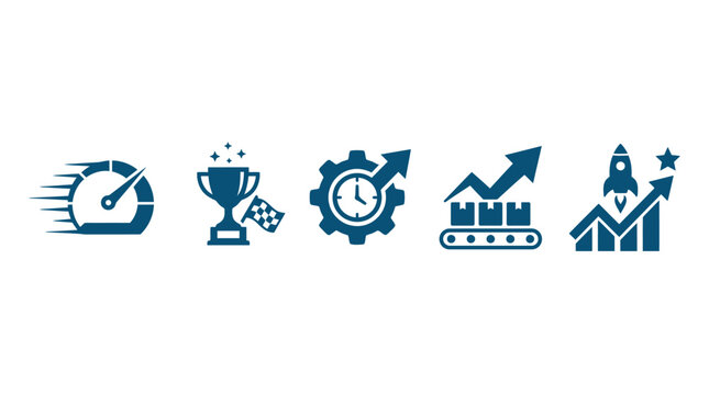 Business Growth and Success Icons: Speed, Trophy, Time, Production, Rocket Launch