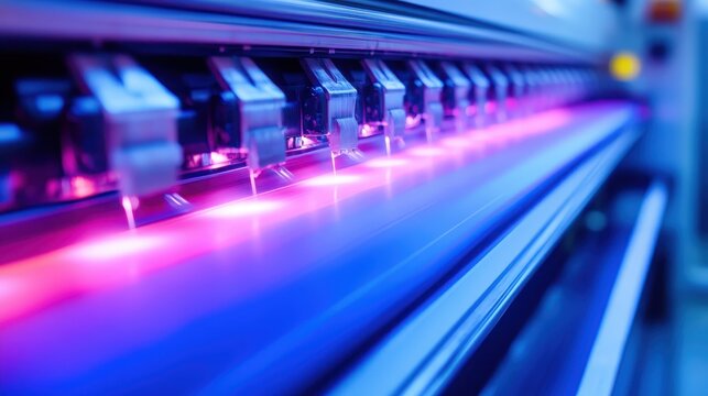 Modern high-tech industrial printing machinery producing vivid posters with intricate details and bright illumination