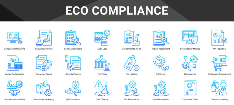 ECO COMPLIANCE  Icon set collection. Vector icon pack featuring thematic icons for your presentations or business.