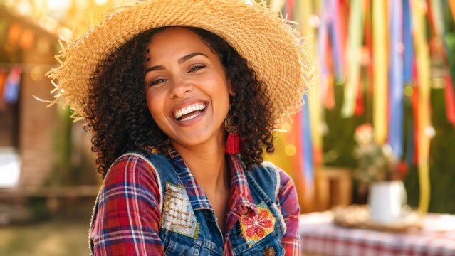 Smiling woman at festa junina brasilian festival with colorful decorations