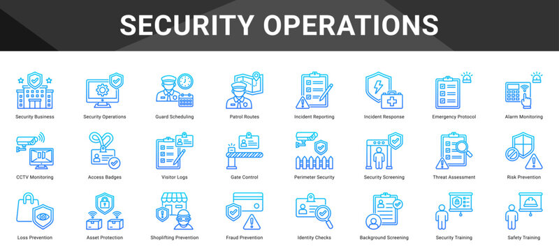 SECURITY OPERATIONS  Icon set collection. Vector icon pack featuring thematic icons for your presentations or business.