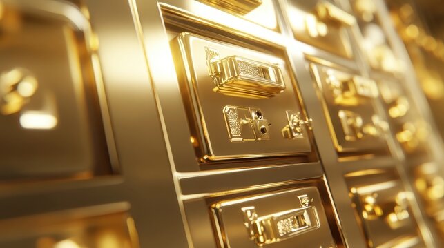 Rows of glowing gold safe deposit boxes within a premium, secure banking facility showcasing luxury and wealth.