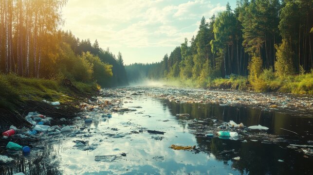 Widespread river pollution with floating garbage and debris after heavy rainfall in a forested area