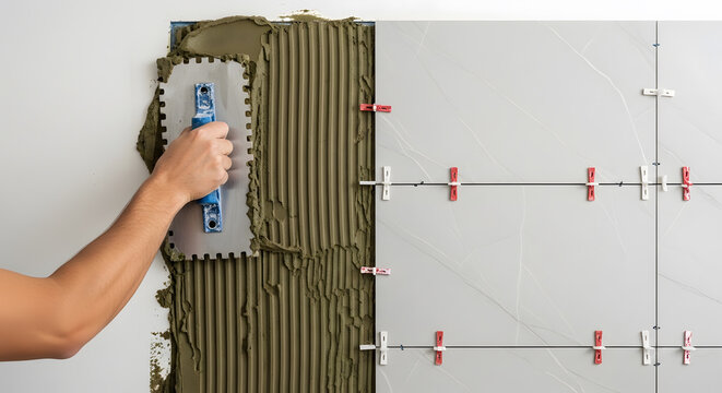 Professional wall tile installation with adhesive | Applying mortar with notched trowel | Home renovation kitchen bathroom tiling | Grey marble ceramic tiles on wall